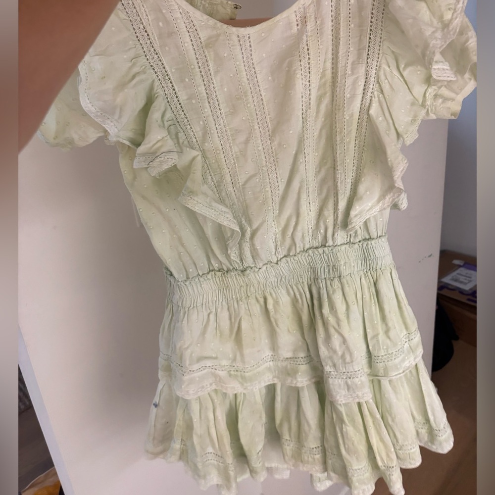 LoveShackFancy Cream Mini Sundress with Ruffled Flutter Sleeves